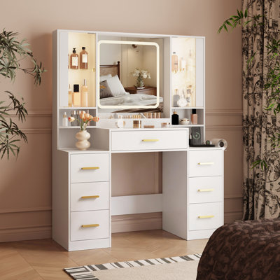 Grand ensemble de coiffeuse éclairée avec lumières RVB réglables et station de charge, coiffeuse avec miroir et grand rangement