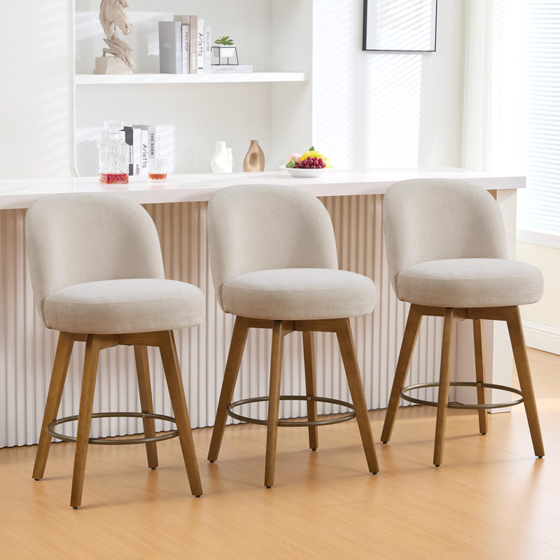 Tabouret de comptoir pivotant 26 po 3PCS avec structure en bois massif et dossier moyen, Beige / chenille, 3