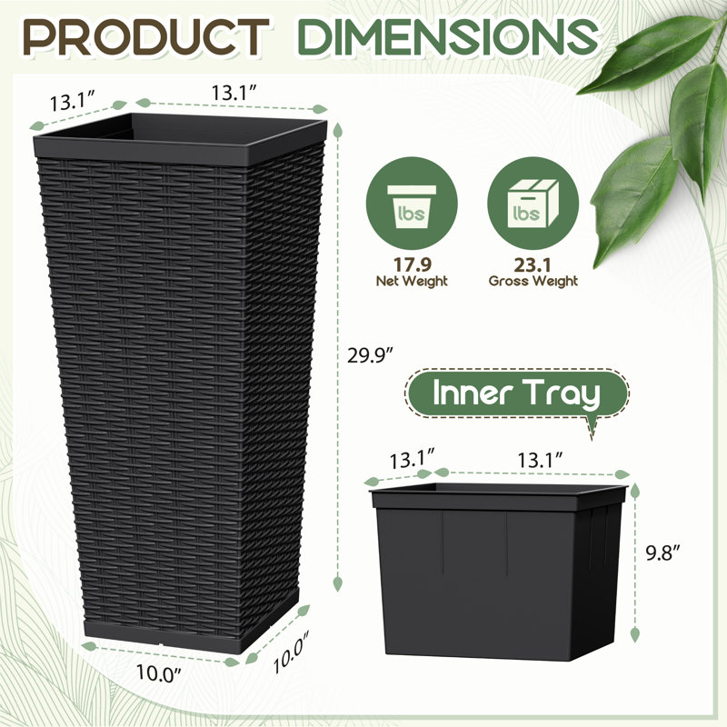 2-Piece Tapered Planter Box Set, 29.9" H x 13.1" W, Black