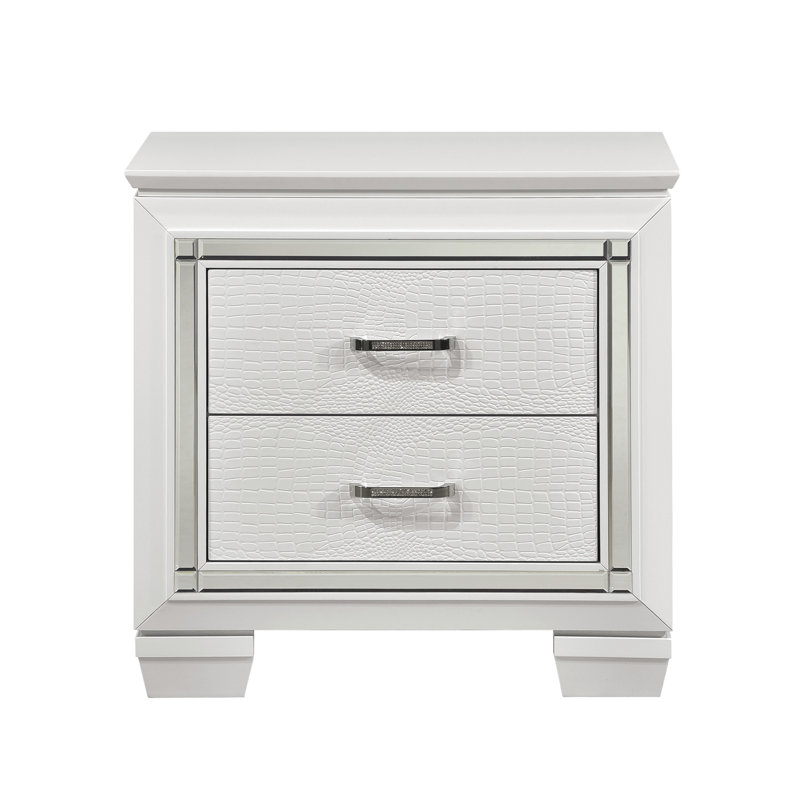 Table de chevet 1pc de style glamour avec 2 tiroirs et finition texturée en faux alligator, Blanc