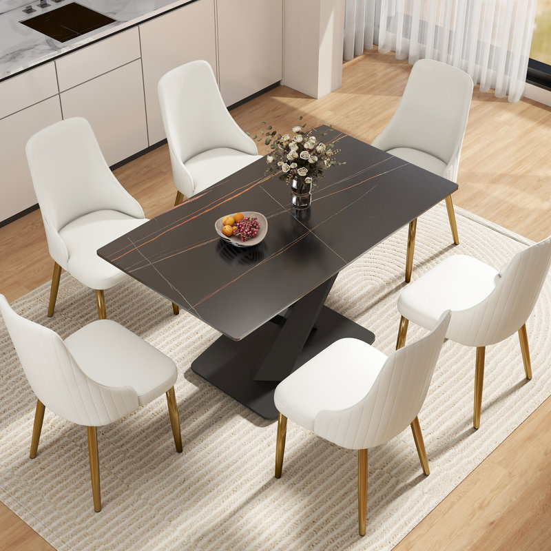 6 personnes, moderne, pierre frittée, rectangulaire, noir, table de salle à manger, pieds en X, faible perméabilité à l'eau, Scratch 54,66 po, personnes, facile à nettoyer