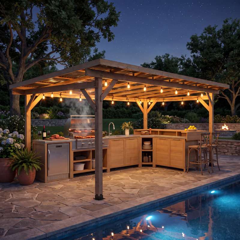 Ensemble de cuisine extérieure en cèdre 7 pièces avec pergola de 5,2 m, évier, barbecue et bar - Naturel, Brun