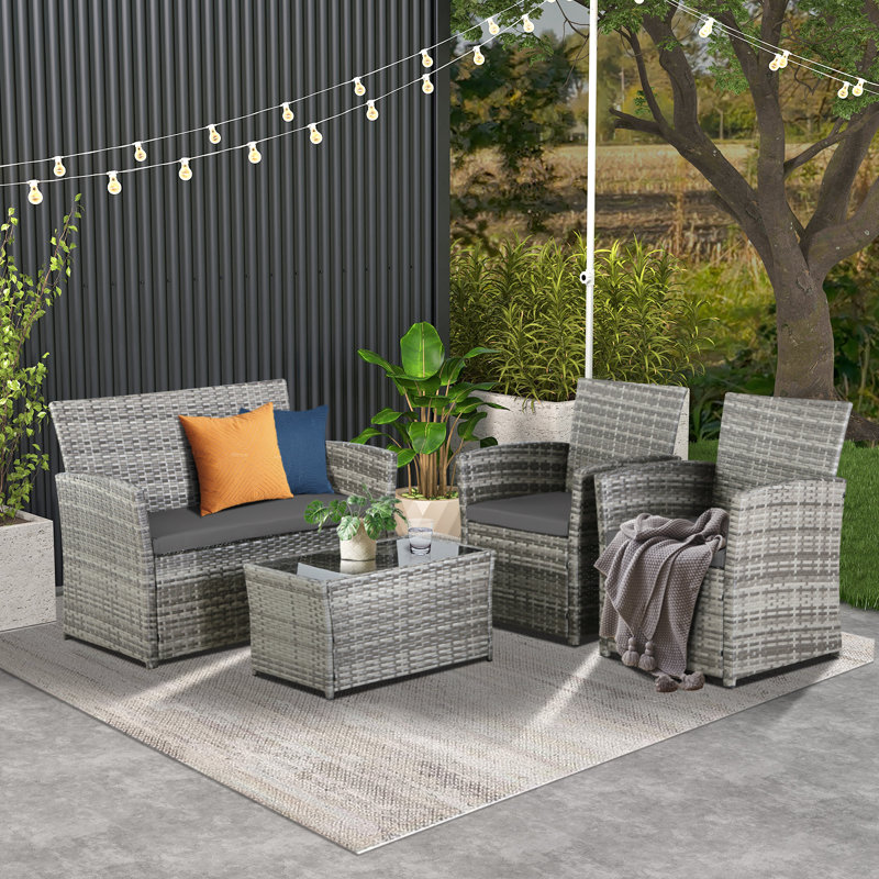 Ensemble de conversation de patio en osier 4 pièces toutes saisons avec coussins, Gris pâle, Gris