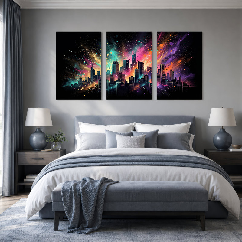 «Neon Splatter City Skyline at Night», ensemble de 3 toiles murales, H 36 po x l 24 po x 3 pièces