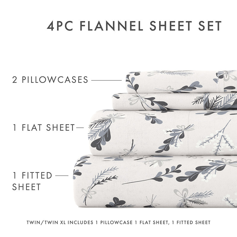 Ensemble de draps 100% coton, Botanique gris clair, Ensemble de draps pour taille de lit très grand c