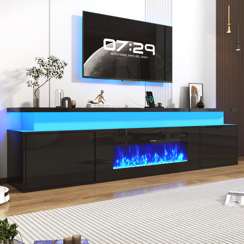 Floating Fireplace TV Stand, High Gloss LED Fireplace TV Stand Entertainment Center For 70/75/80 Inch TV, Modern Media TV Console Cabinet For Living Room