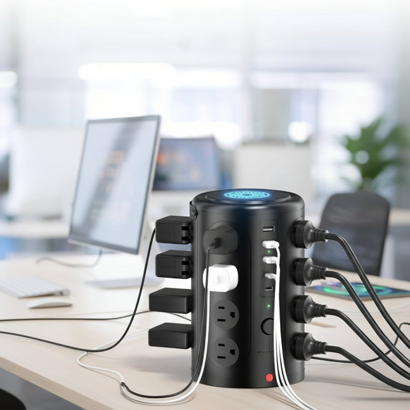 Multiprise 6 pi avec 16 prises et 5 ports USB | Protection contre les surtensions | Station de charge rapide | Conception verticale peu encombrante | Argent