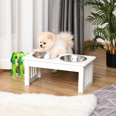 Elevated Dog Bowls , 6" High, Stainless Steel With Modern Wood, White, Reduces Floor Mess, Improves Pet Health And Hygiene Tall Feeding Platform, Wooden Frame, Food Waste Pet's Quality Of Life
