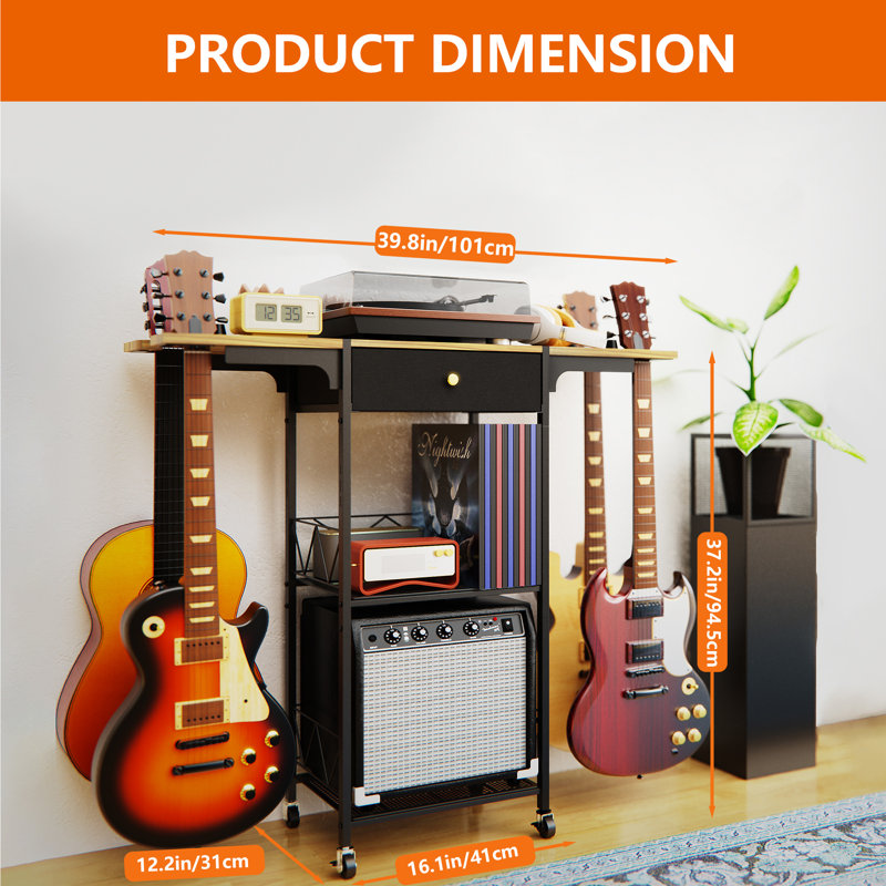 3-tier Multi Guitar Stand With 4 Guitar Holder & Wheel, 3-in-1 Floor Guitar Rack For Multiple Guitars With Amp Stand & Drawer, Guitar Storage For Acoustic, Electric Guitar, Bass