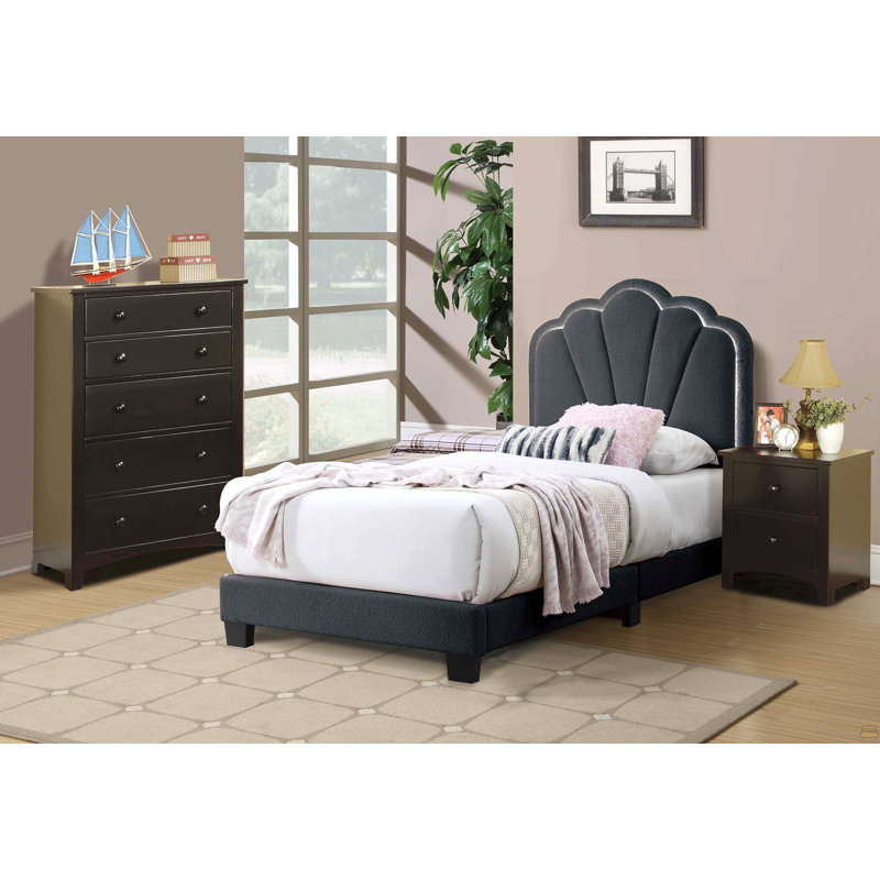Lit simple en tissu de laine gris anthracite avec motif floral et tête de lit à plateforme entièrement rembourrée, Lit simple