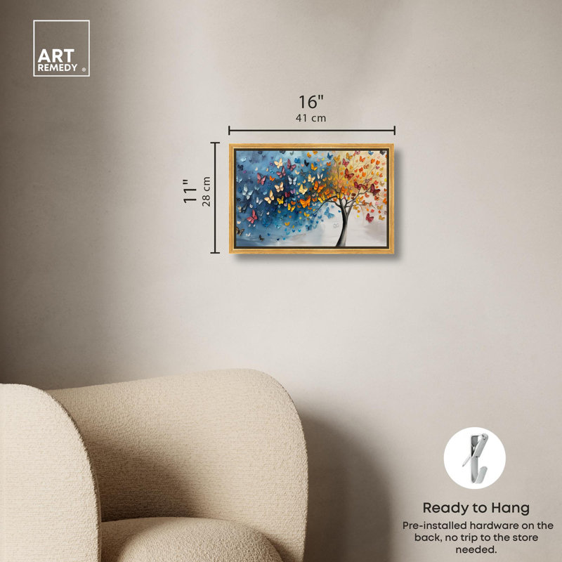 «Fluttering on Tree II», art coloré sur toile par Art Remedy, H 11,5 po x l 16,5 po x P 1,2 po, Cadre flottant doré