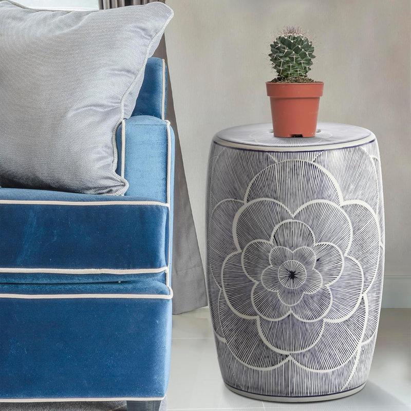 Camellia 17" Traditional Blue Floral Chinoiserie Ceramic Drum Garden Stool, Pierced Indoor/Outdoor Patio Seat & Side Table