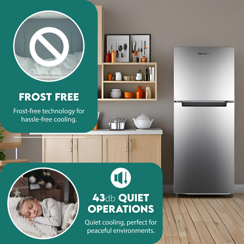 Conserv 10cf Top Freezer Refrigerator 24in Frost Free E-Star Quiet 43dB 110V SS