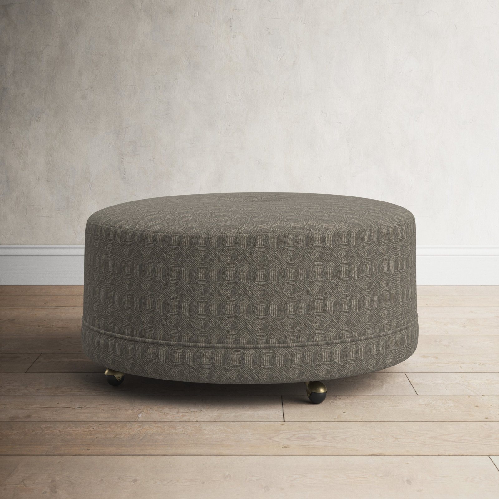 Ellwood 37'' Wide Round Geometric Cocktail Ottoman, Macarena Dark Blue Performance