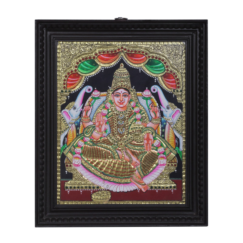 Déesse Gajalakshmi Tanjore, peinture | Couleurs traditionnelles avec or 24 carats | Structure en bois de teck