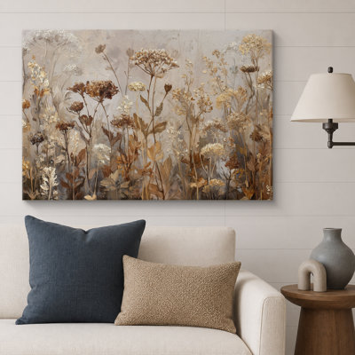 Neutral Toned Dried Wildflowers Field - Pictures Extra Large Framed Canvas Print Wall Art