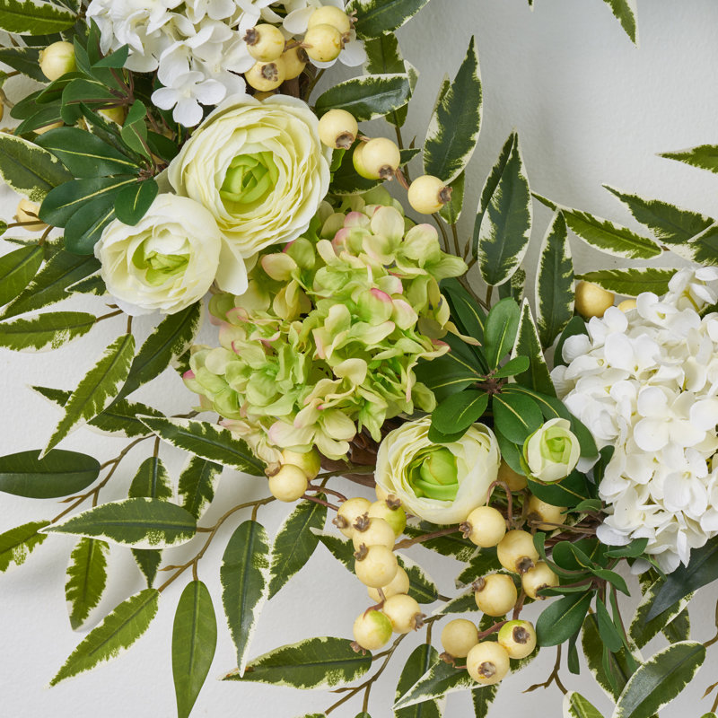 Cream & Green Hydrangea, Ranunculus, Berry Spring Summer Front Door Wreath, 26" H x 26" W x 6" D