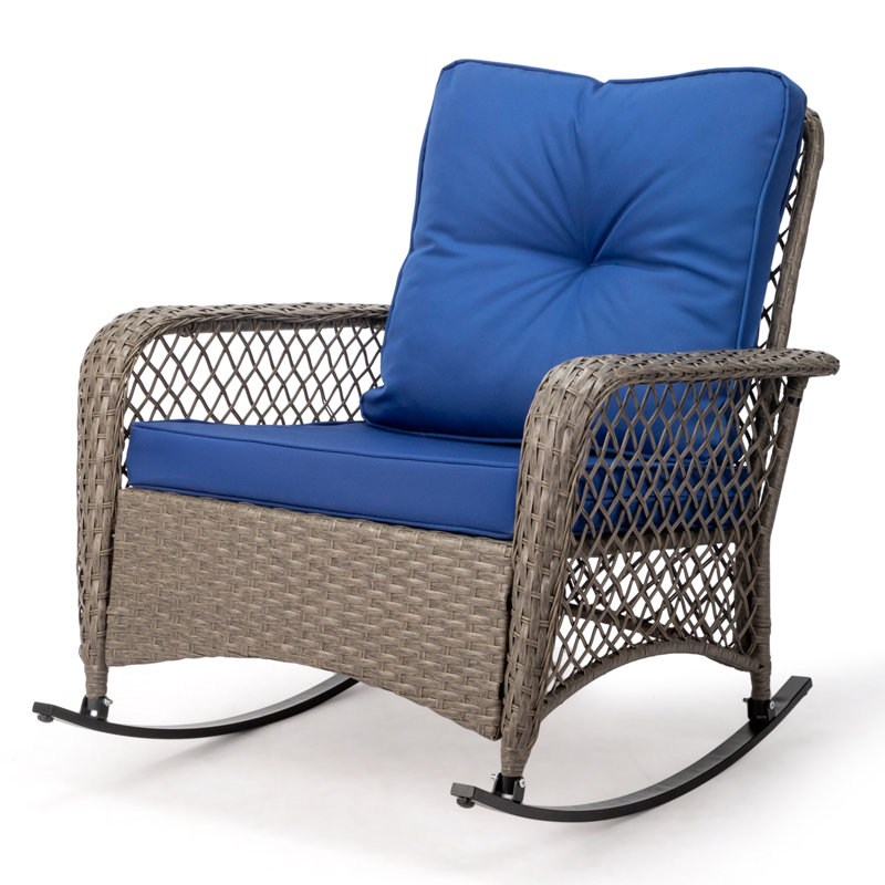 Chaise berçante d'extérieur en rotin avec coussin, Coussin bleu / cadre gris
