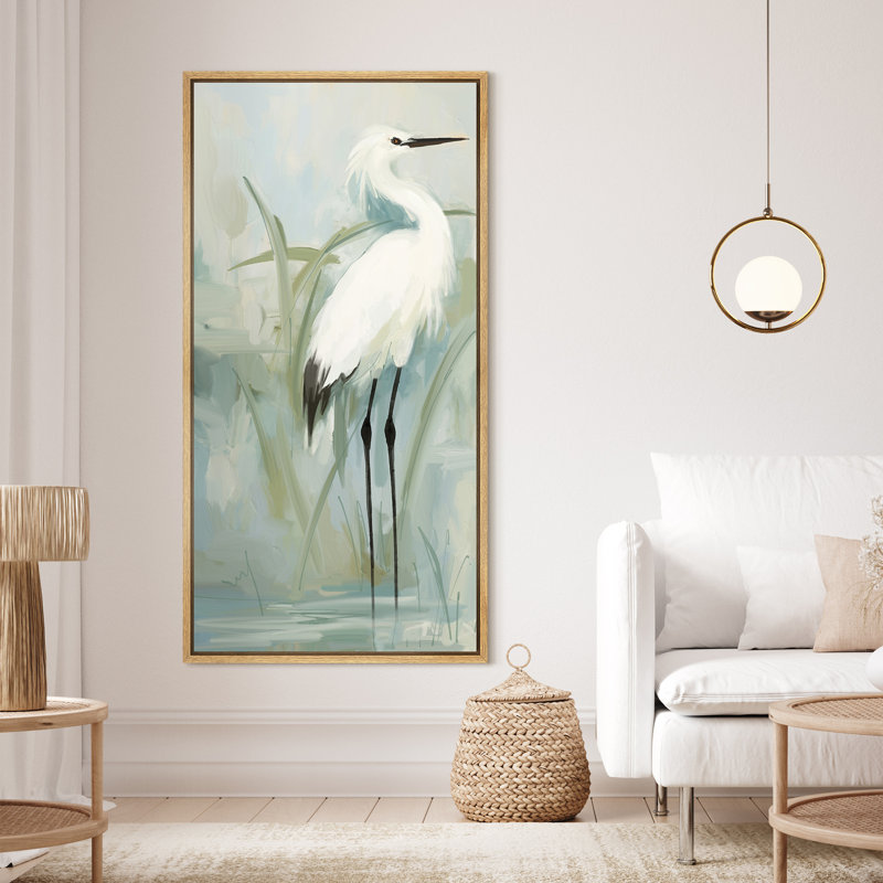 Aigrette blanche debout dans un marais, oiseau minimaliste, œuvre d'art moderne - très grand, reproduction d'art sur toile encadrée