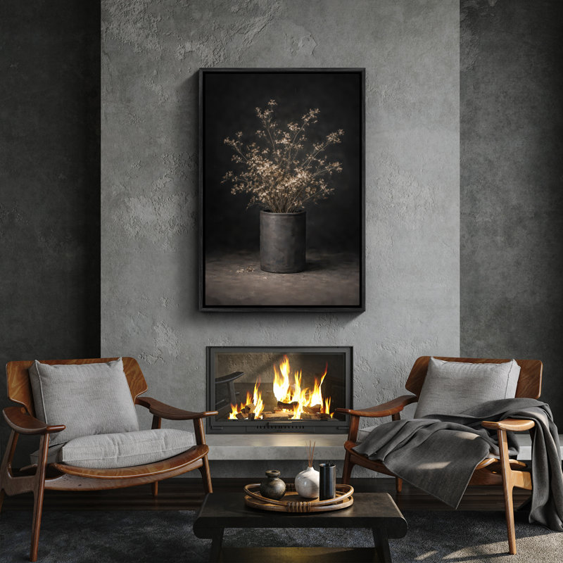 Fleurs séchées dans un vase noir, impression encadrée, 36" H x 24" W, Noir