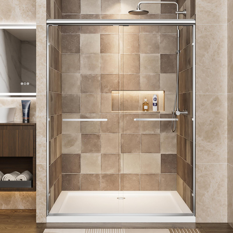 Aluminum Frame Double Sliding Shower Door, 1/4" (6mm) Clear Tempered Glass With Explosion-proof Film, Dual Stainless Steel Handles