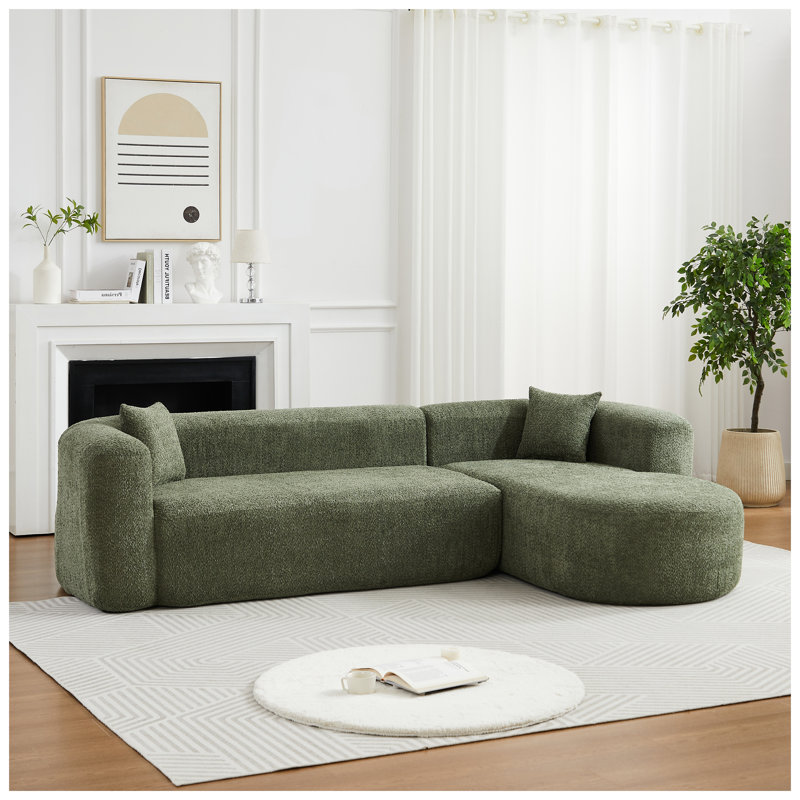 Canapé d'angle modulaire de 278 cm avec méridienne à droite, revêtement en chenille, assise profonde et coussins décoratifs pour salon, vert