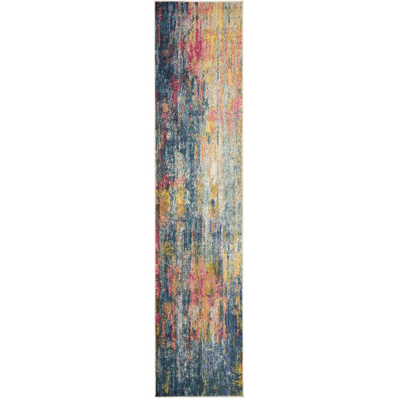 Tapis bleu contemporain contemporain, Tapis de couloir 2 pi 2 po x 10 pi