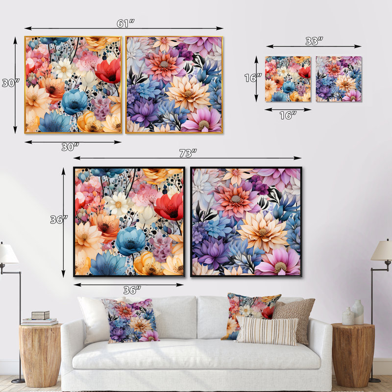 Etter - Ensemble de 2 collages carrés floraux, Toile tendue, H 30 po x l 61 po
