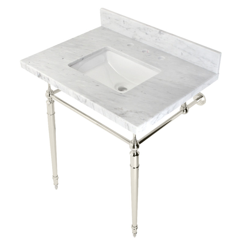 Kingston Brass Edwardian 30-Inch Carrara Marble Console Sink with Brass Legs (8-Inch, 3-Hole), Marble White/Polished Nickel
