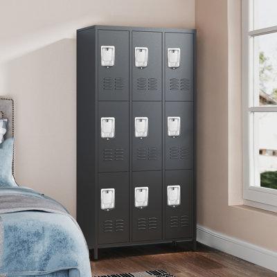 9 Door Metal Storage Locker, 3-Tier Employee Lockable Cabinet with Hooks & Ventilation Holes, 183cm Tall  Storage Unit for Gym, Office, School, Garage, Staff Changing Room