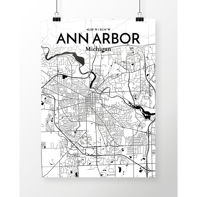 «Ann Arbor City Map», reproduction d'impression à l'encre / blanc, H 36 po x l 24 po