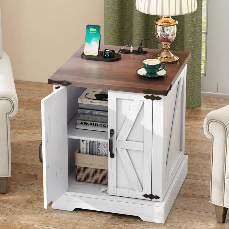 Table de bout rustique avec surface de chargement - rangement flexible et tablette réglable blanc, Blanc