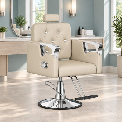 Fauteuil de salon inclinable avec hauteur réglable et système hydraulique pour coiffeur - Beige/Argent