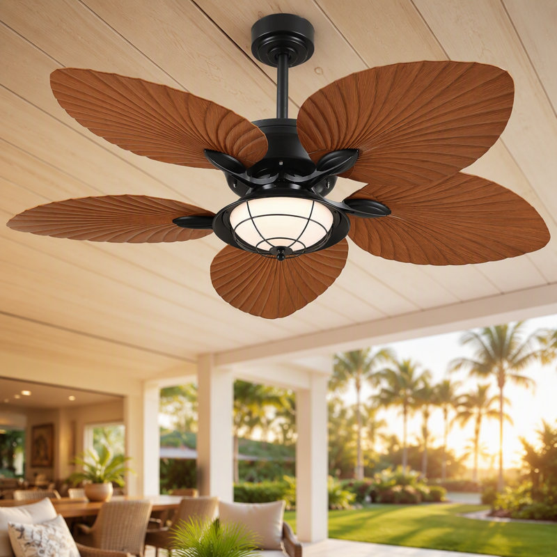 52" Outdoor 5-blede Palm Leaf Ceiling Fans With Lights And Remote,Wet Rated Tropical Waterproof Ceiling Fans For Patios Porch