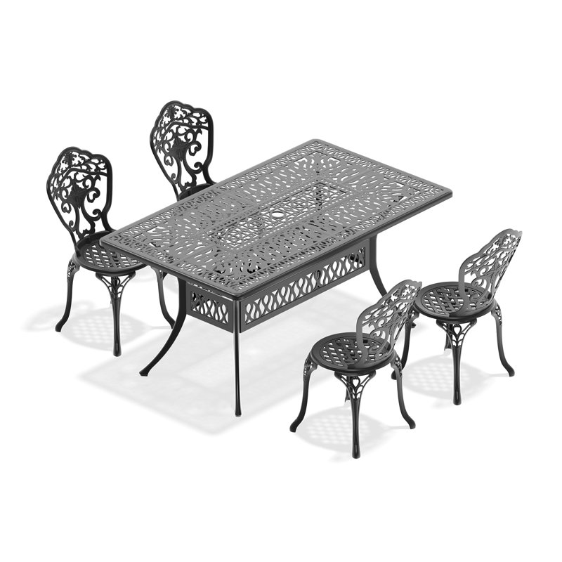 Cast Aluminum 5 Dining In Black. Traditional Craftsmanship, Timeless Design. 100% Aluminum, To Weather Changes. Ergonomic Seating Comfort. Slip Pa66 Nylon Pad. Easy Assembly. Seats 4. Rectangular