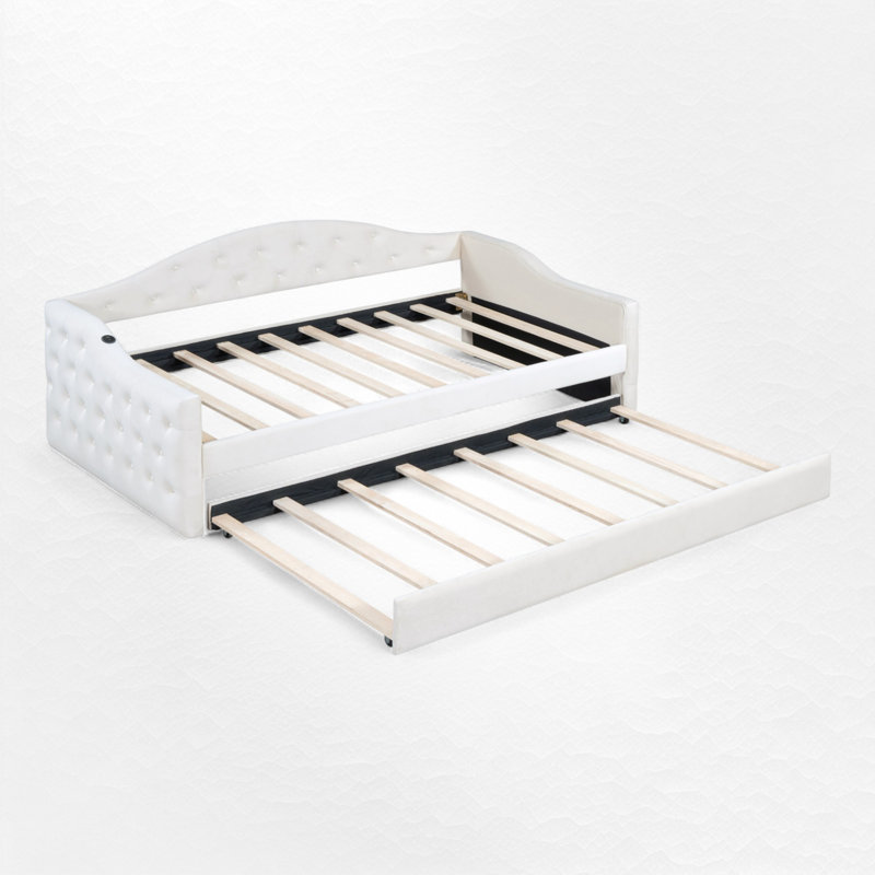 Tufted Upholstered Daybed With Trundle And Charging Ports, Beige