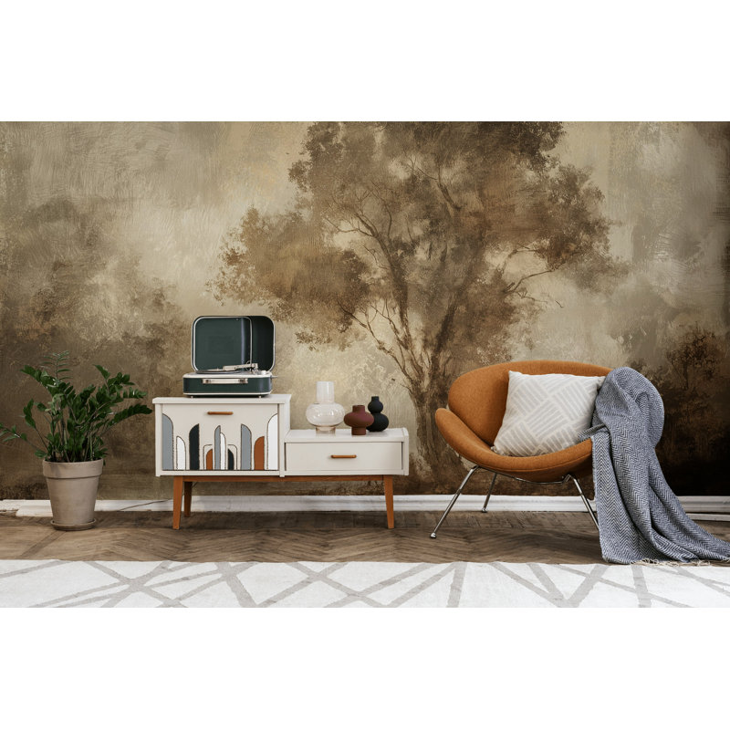 Papier peint vintage paysage arbre serein, 140"x108", Non-Woven Nonpasted