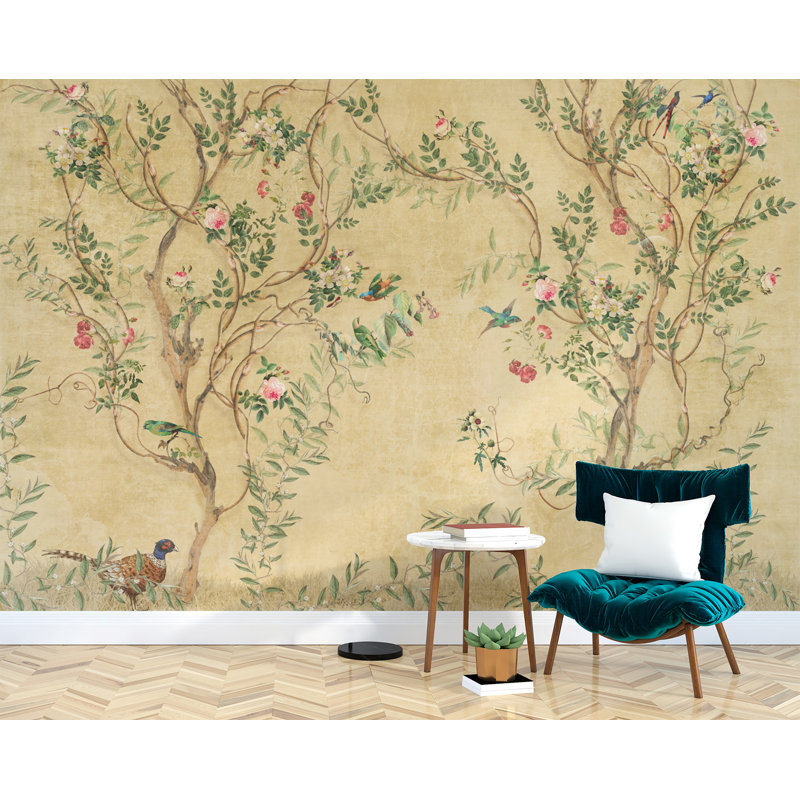 Swallows and Trees on Yellow Background Wallpaper