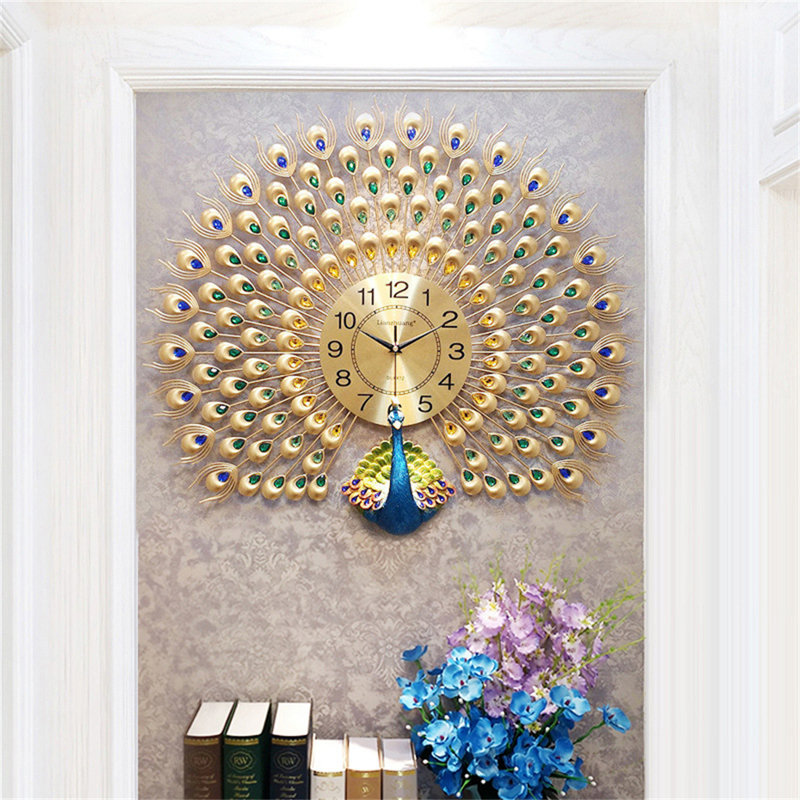 Horloge murale paon avec design oriental, montre à quartz suspendue pour le salon, décoration intérieure élégante