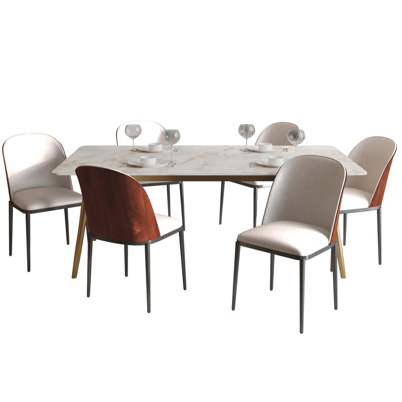 7-Piece Dining Set With 55" Rectangular Dining Table In Sintered Stone Top And 6 Upholstered Dining Chairs, Walnut/Beige