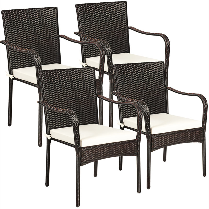 Set of 4 Brown Rattan Dining Chairs with Off-White Cushions