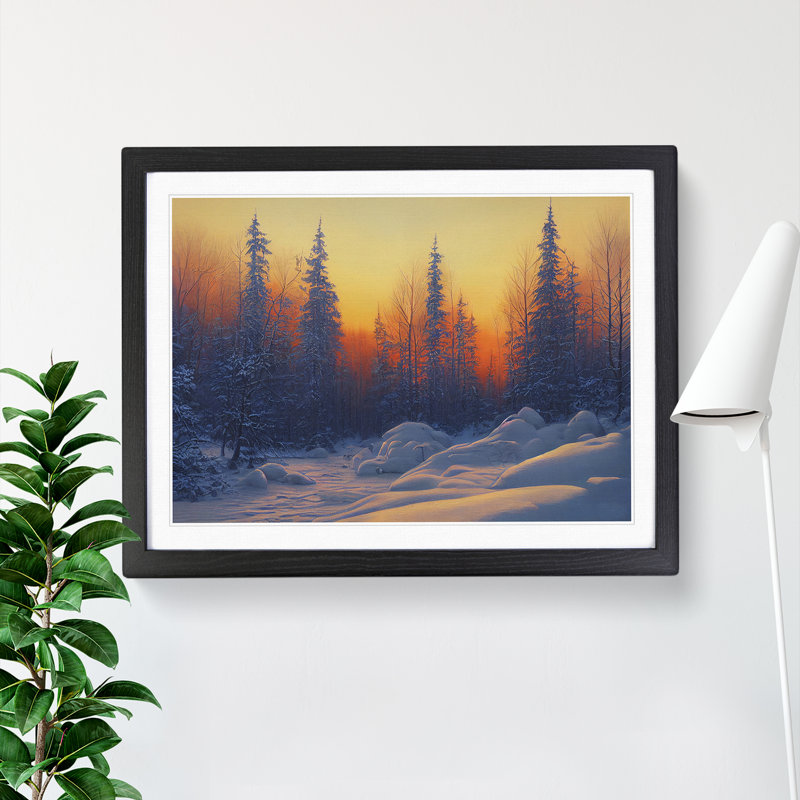 The Winter Forest Sunset - Single Picture Frame Print, 46cm H x 64cm W x 2cm D, Black Framed