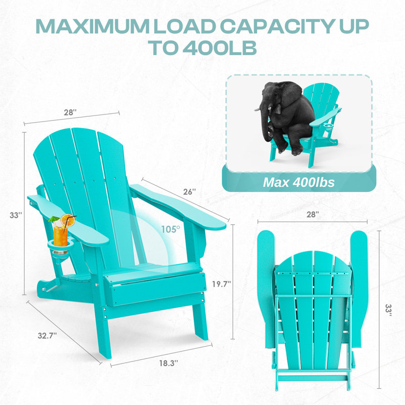 Hdpe Plastic Folding Outdoor Adirondack Chair With Cup Holder, Aqua