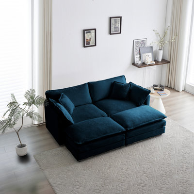 Canapé modulaire 4 places en chenille 2 places avec repose-pieds et chenille haute bleu