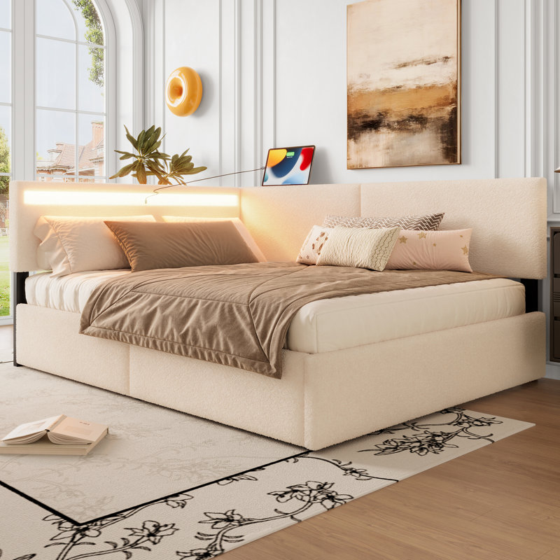 Twin Size Upholstered Bouclé Storage Bed with Headboard, 2 Drawers, LED & USB, Solid Wood Slats, Beige, Twin