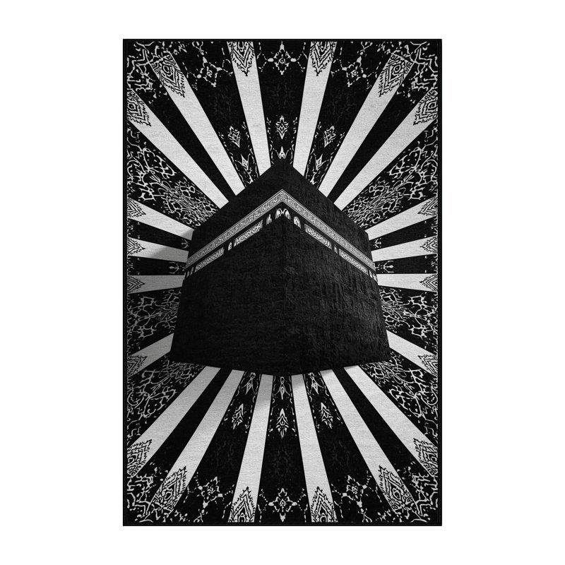 Machine Washable Paublo Mecca Kaaba Classic Oriental Rug in Gray – Black Binding, 3x5