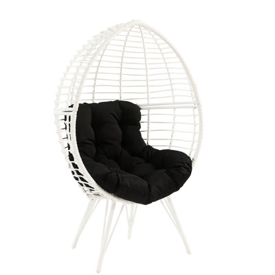 Chaise de patio en tissu blanc et noir avec structure en métal, assise rembourrée de mousse, capacité de 220 lb, élévation de siège de 17 po, profondeur de 26 po, largeur de 40 po, hauteur de 62 po, structure de poids de 32 lb,