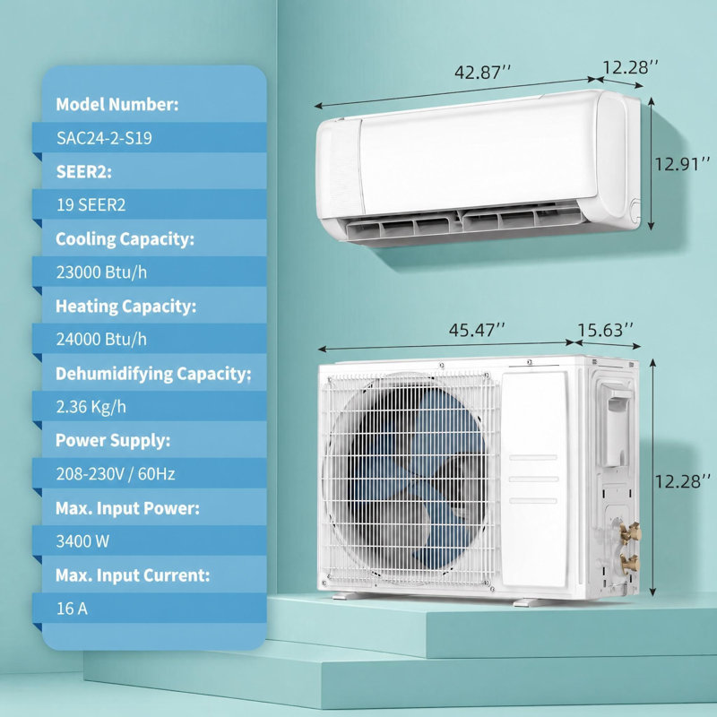19 SEER2 24 000 BTU Mini pompe à chaleur alternative et à chaleur divisée, refroidit / chauffe jusqu'à 1500 pieds carrés, 230 V