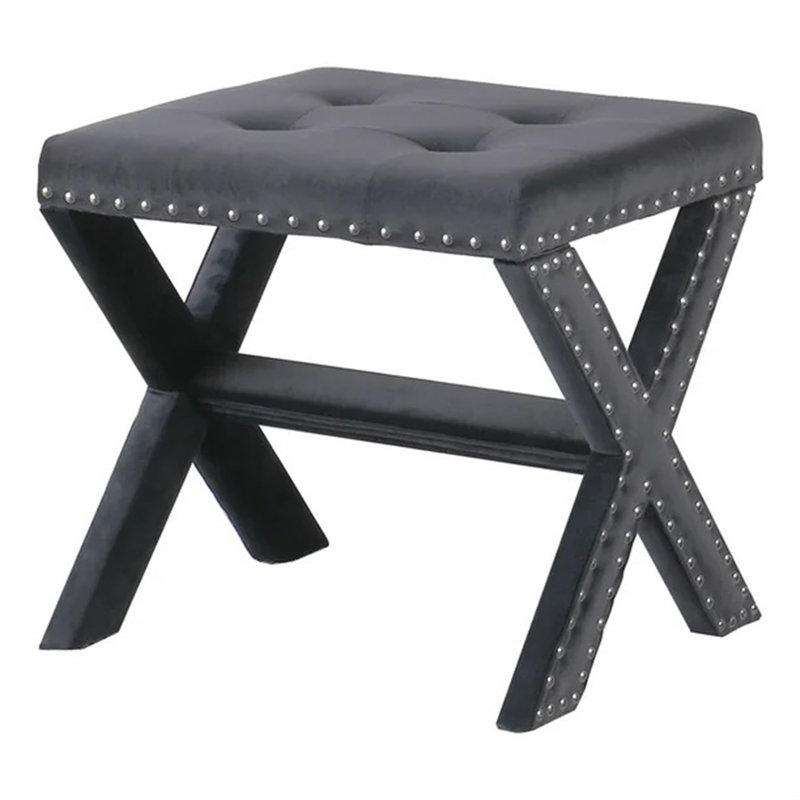 Velvet Upholstered Accent Bench With Nailhead Trim, Dark Gray Velvet