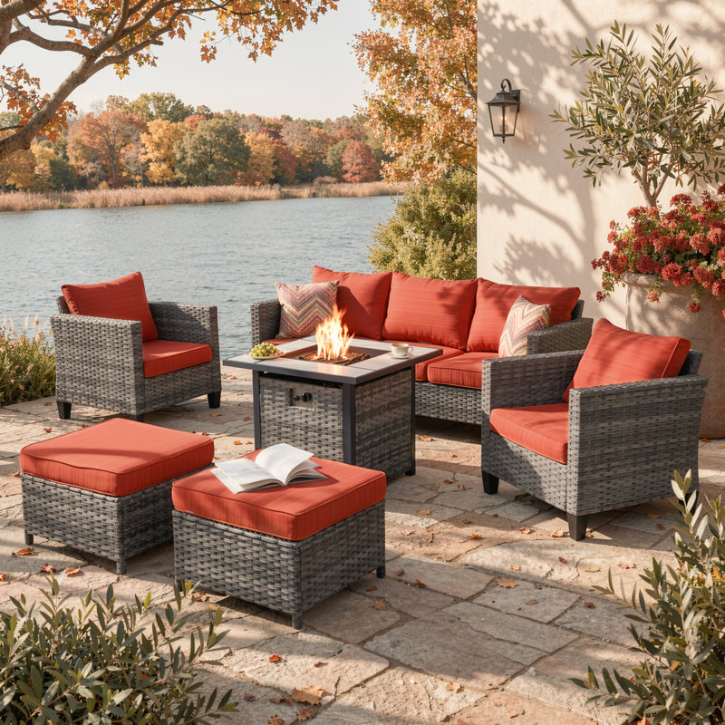 Allcot 5 - Person Wicker/Rattan Patio Furniture Set, Outdoor Fire Pit Sofa Set with Throw Pillows and Comfy Cushions, Orange